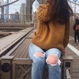 Chunky cable knit sleeve mustard sweater